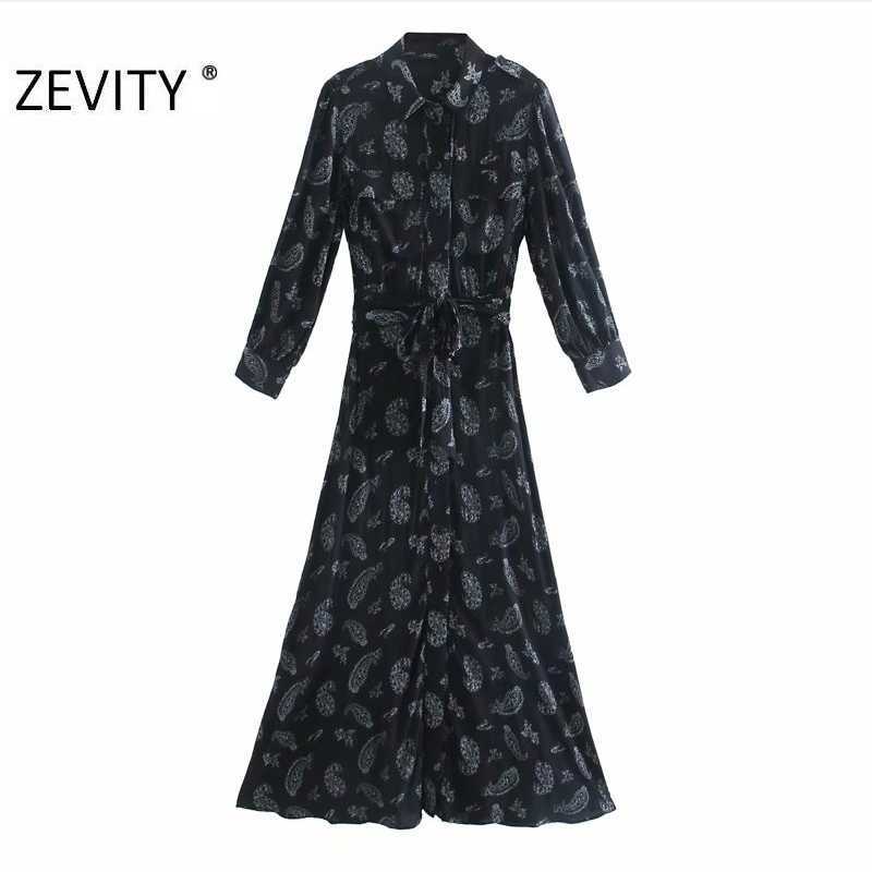 

ZEVITY women vintage cashew nuts print bow tie sashes long shirt dress femme long sleeve vestido chic casual slim dresses DS4469 210603, As pic ds4469o