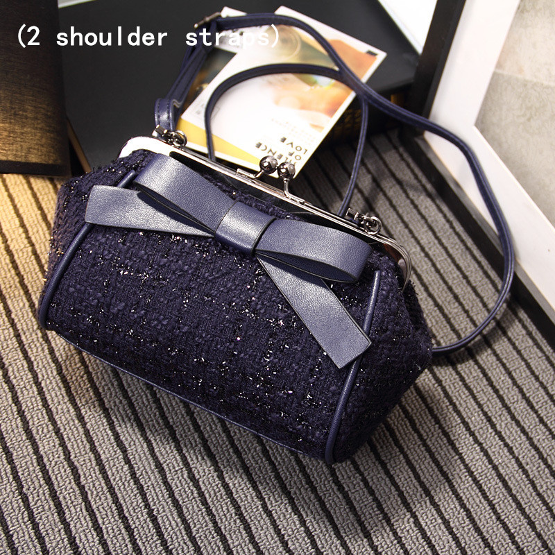 

Wholesale ladies leather chain bags sweet and lovely bow fashion backpack winter western style woolen plaid clutch bag black Joker fashion buckle women handbag, Blue1(chain belt)