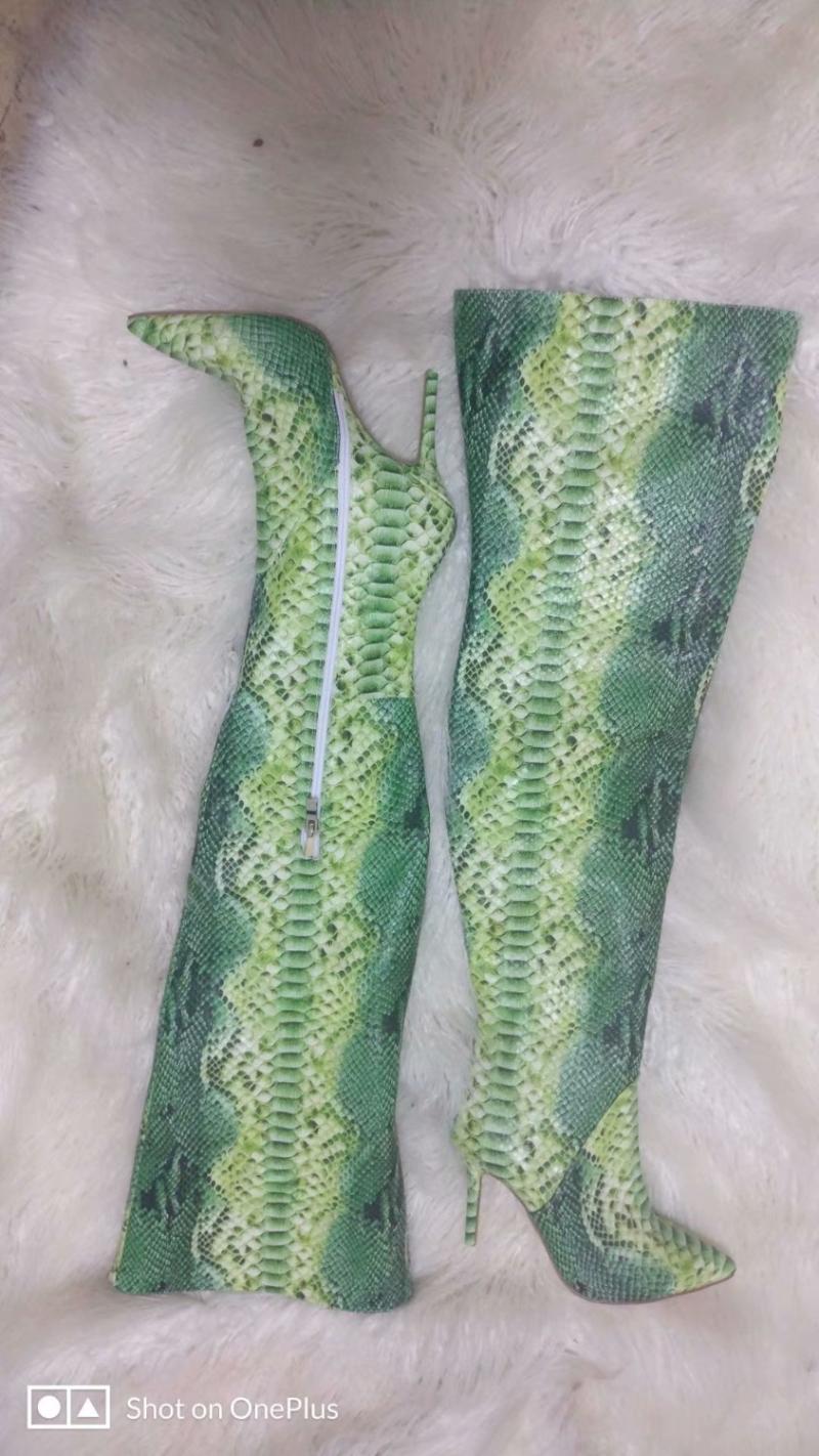 

Boots Sapato Feminino Thigh High Snake Print Heel Sexy Green Ladies Shoes Leather Stockings Over The Knee Woman, As picture