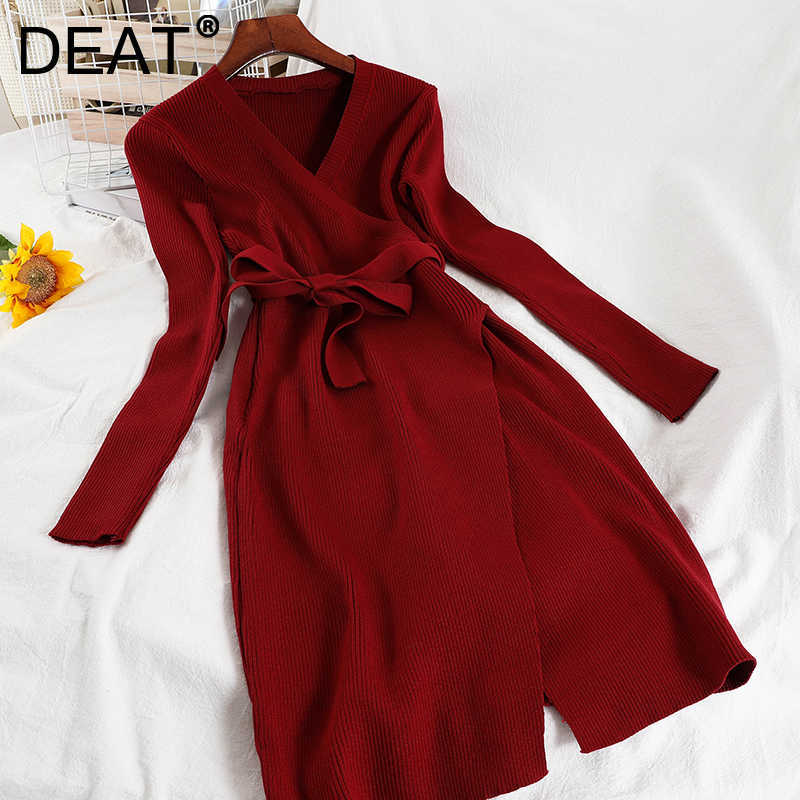 

DEAT Spring Autumn Arrivals Solid Knitted Long Sleeve V-neck Temperament Fashion Split Women Midi Dress MZ930 210709, Wine red