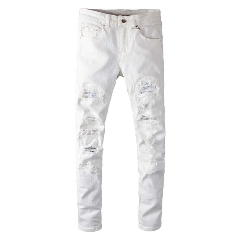 

fashion jeans sokotoo men's white crystal holes ripped slim skinny rhinestone stretch denim pants, Blue