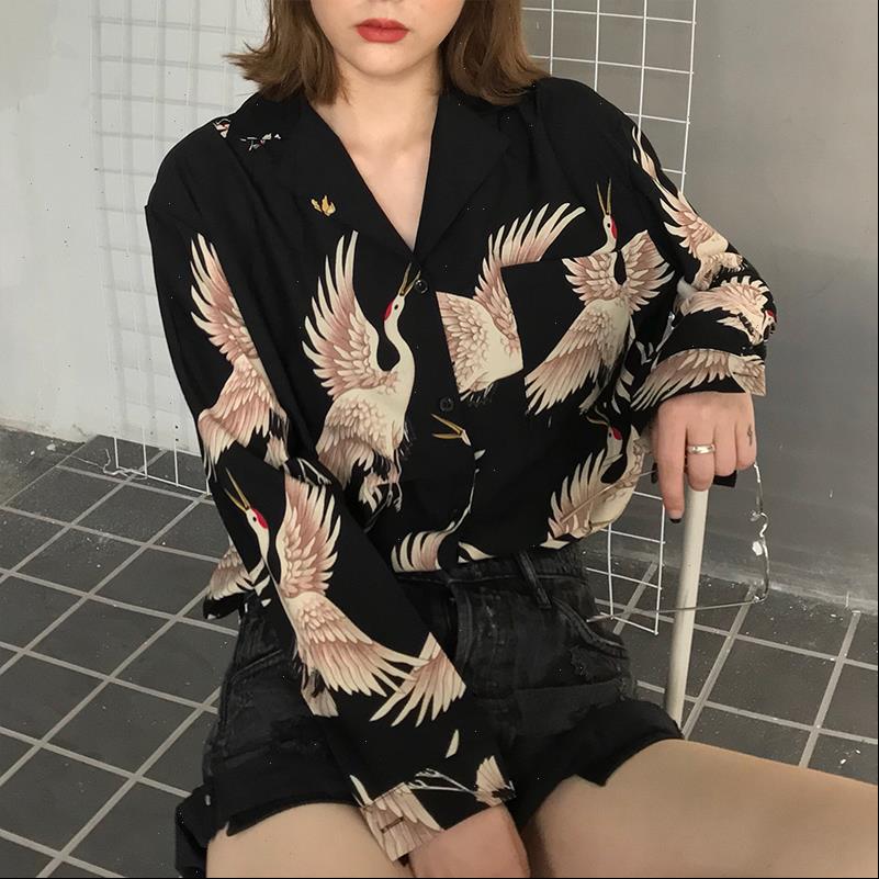 

autumn spring harajuku crane women shirts print long sleeve streetwear, White