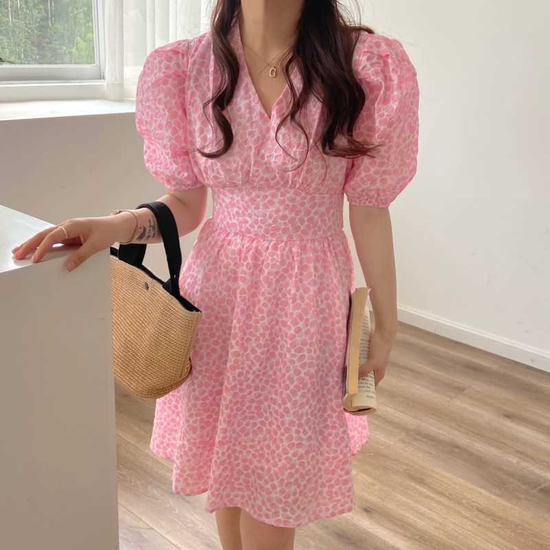 

Korea Style High Waist Vintage A-Line Dress Women Elegant Puff Sleeve Mini Casual Sweet Sexy Beach Skirts Clothing 210526, Pink