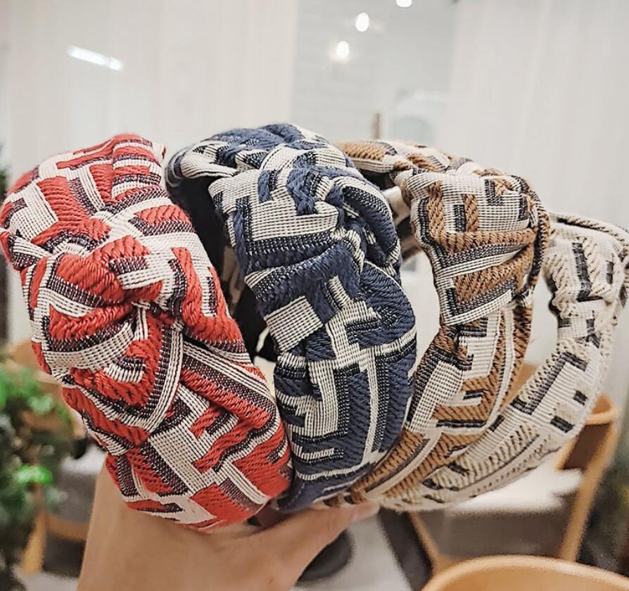 8color Fashion Designer Brand F Letter print Wide Edge Knotted headbands Luxury Turban Headband Hair Hoop Headwear Accessories for Women Girls-image-710338063
