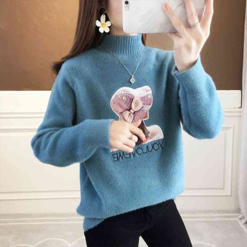 

winter knit sweater pullover women fashion imitation mink velvet white cashmere print loose clothes student korean, White;black