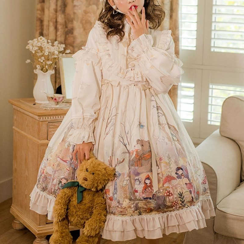 

Lolita Dres Bow Printing Ruffles Gothic Kawaii Soft Girl Japanese Costume Party Wedding Events Autumn 210604, Jsk