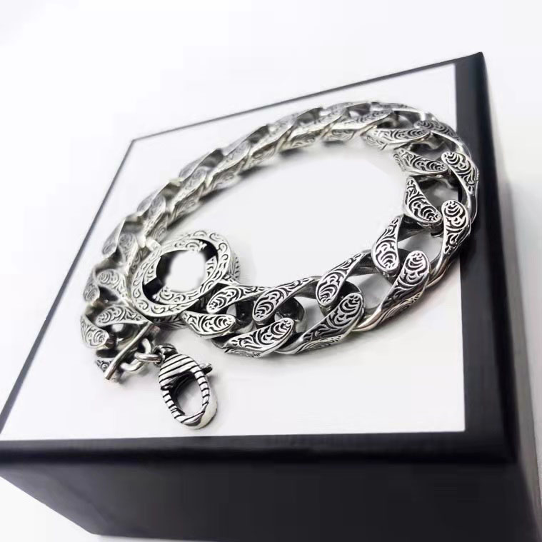 

Fashion Hip Hop Trendy Man Link Chain 925 Silver Men's Bracelet Retro Old Style High Quality With Box