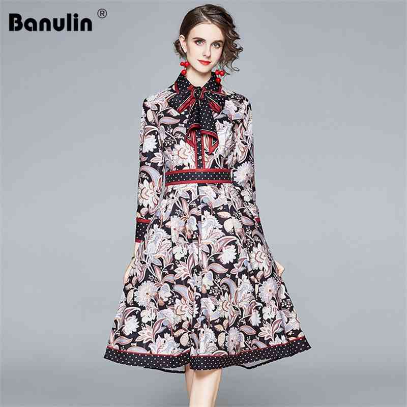 

Banulin Fashion Runway Designer Autumn Women Floral Print Bow Tie Neck Dress Ladies Long Sleeve Elegant Vintage Midi 210603, The picture color