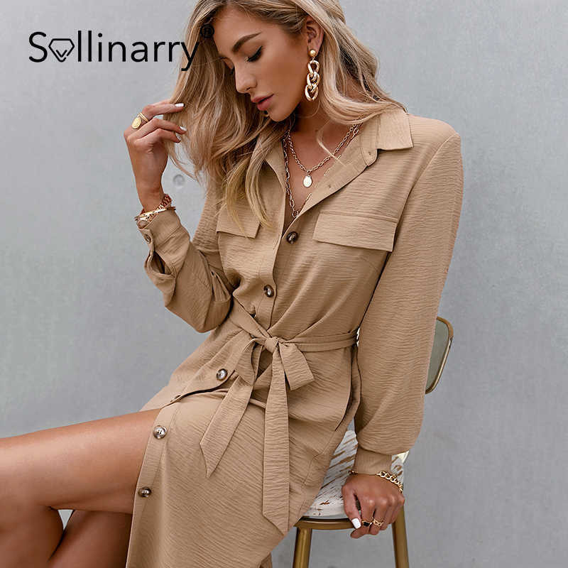 

Sollinarry Shirt collar straight midi dress Long sleeve button slit khaki female dress Spring elegant casual office ladies dress 210709, Light yellow