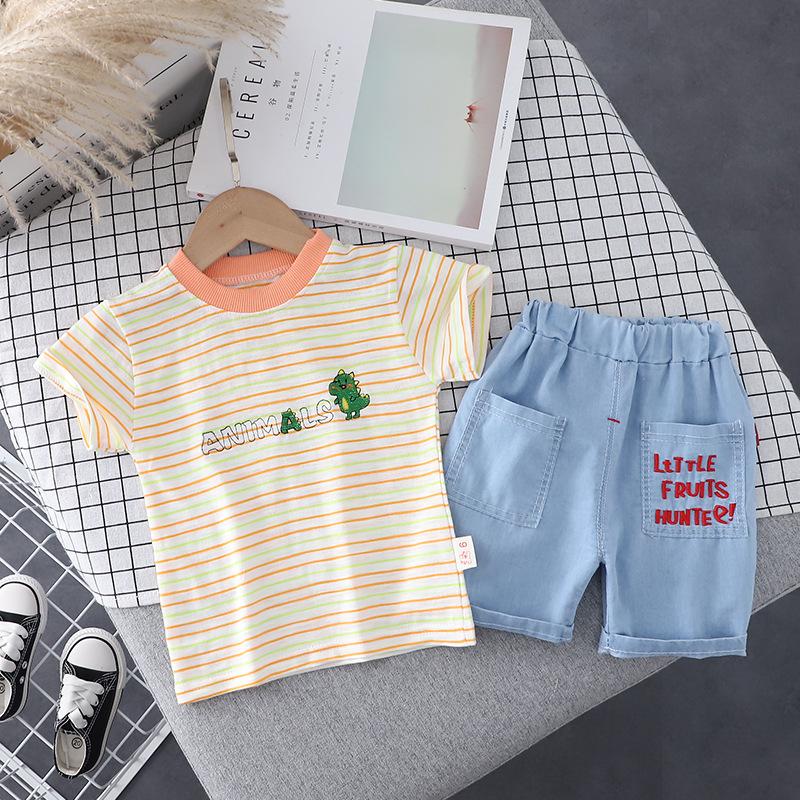 

Clothing Sets Fashion Summer Cartoon Baby Boys Toddler Girls Striped T-shirt +letter Denim Shorts Kids Suits Casual Clothes, Sky blue
