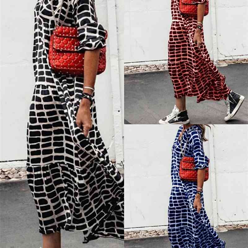 

2021 spring and autumn leisure print leopard v-neck swing long sleeve dress for women, Black;gray