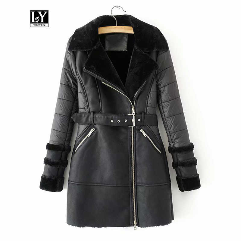 

Ly Varey Lin Winter Faux Soft Leather Long Jacket Patchwork Lamb Fur Overcoat Female Turndown Collar Zipper Motorcycle Outwear 210526, Black