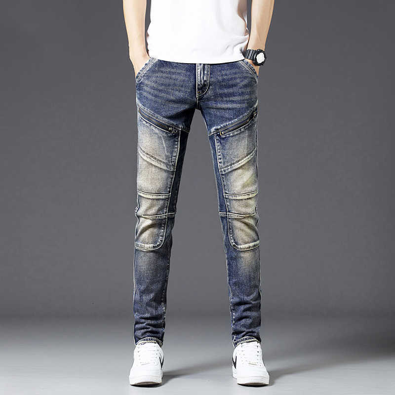 

American Streetwear Fashion Men Jeans Retro Blue Spliced Designer Slim Fit Denim Punk Pants High Quality Hip Hop Biker