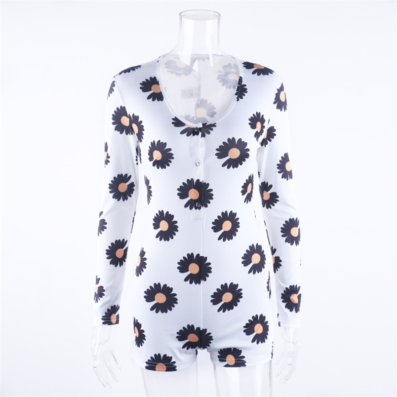 

OMSJ Style Women Sexy Chrysanthemum Printing Jumpsuit Shorts Long Sleeve Round Collar Trendy Skinny Rompers 210517, Beige