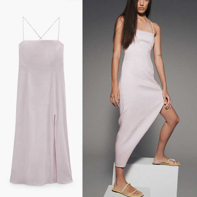 

Za Sexy Long Summer Dress Women Sleeveless Spaghetti Straps Elegant Party Dress Fashion Side Slit Woman Backless Dresses 210602, As picture