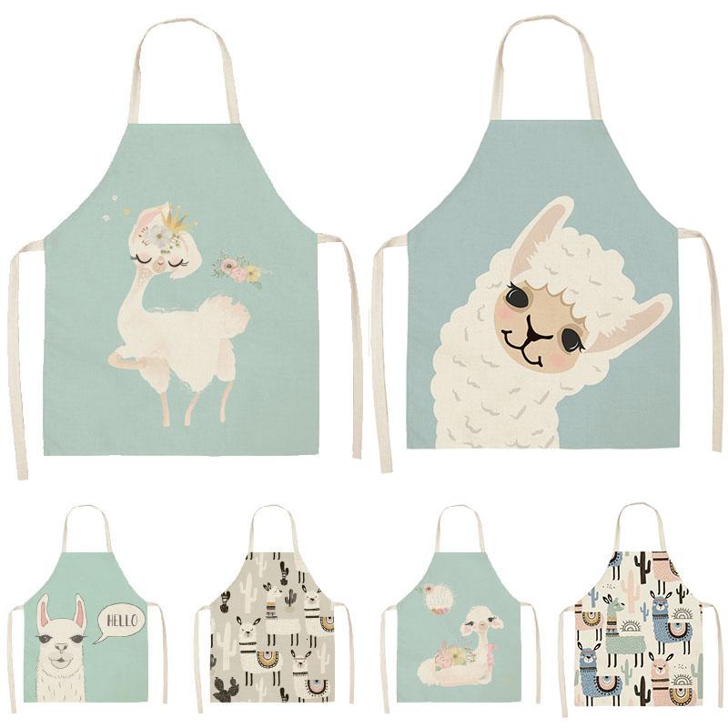 

Alpaca Llama Cactus Printed Cotton Linen Sleeveless Aprons Kitchen Women Pinafore Cooking Baking Waist Cleaning Tools 68*55cm