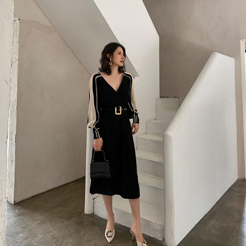 

Women Black Chiffon Splicing Split Elegant Dress V-Neck Long Sleeve Loose Fit Fashion Tide Spring And Autumn2021 Casual Dresses