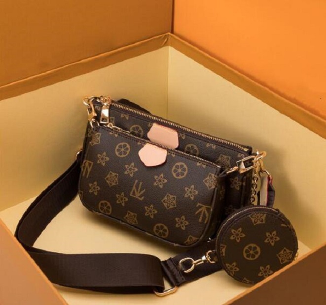 

Top Quality 3 Pcs set favorite Women bag Crossbody Purse Messenger Bags Handbags Flowers Designers Shoulder Lady genuine leather with box, Brown flower green belt