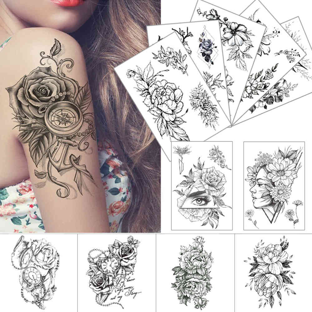 

Woman temporary stickers Ink Black fake Rose peony flower Body art clock Pocket Watch tattoo