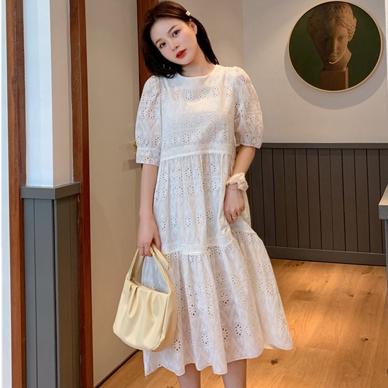 

Fashion Korean Chic Summer Hollow Out Embroidery Dress Female Short Sleeve Loose Oversize Elegant Lace Vestidos 210520, Photo color