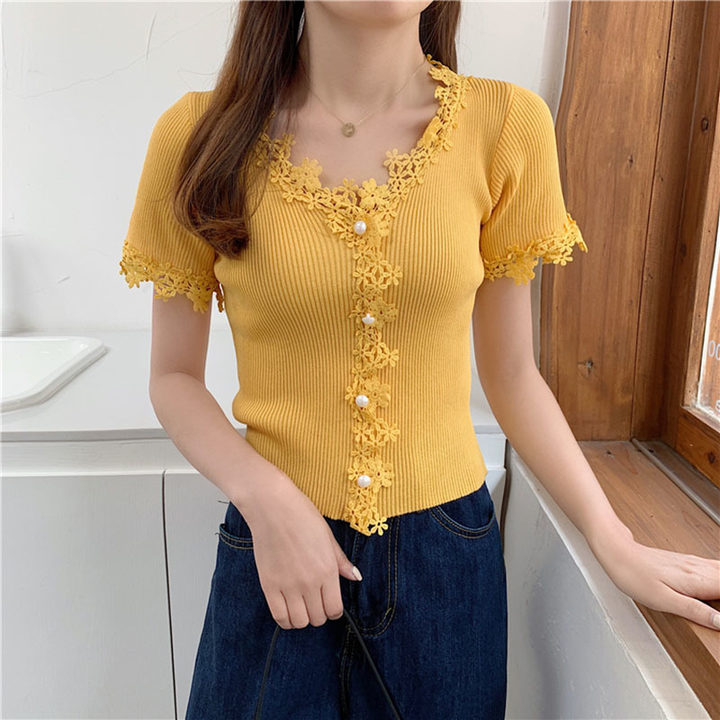 

Lucyever Women Fashion lace flower V-neck sweater Summer slim elastic short sleeves shirts woman button T-shirt ladies 210521, Black