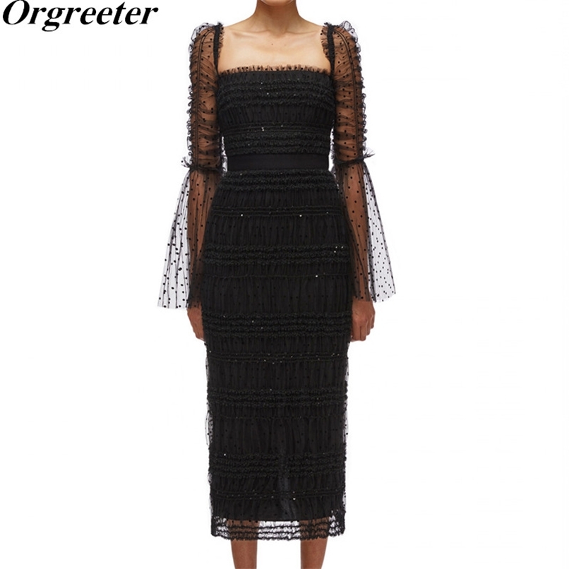 

Black Party Dress Spring Summer Sexy Square collar Flare Sleeve Flocking Polka Dot Sequined Fairy Long Gauze 210602, Picture color