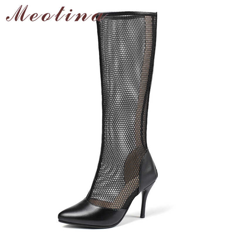 

Meotina Knee-High Boots Women Pointed Toe Cutouts High Heel Shoes Zipper Thin Heels Sandals Ladies Summer Black White Size 11.5 210608