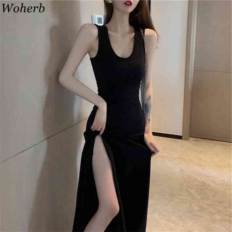 

Fashion Maxi Dresses Women High Street Split Vest Dress Bodycon Sexy Elegant Vestidos Korean Slim Sleeveless Black Robe 210519