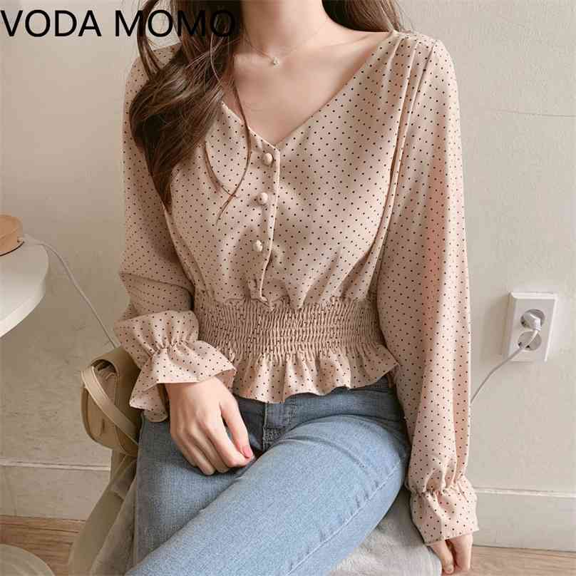 

Vintage V-neck Flare long Sleeve Polka Dot Women Blouse Shirts Elegant Slim Waist Ruffles Female blusas Plus size 210719, Khaki