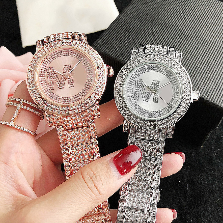 

Brand Watches Women Lady Girl Diamond Crystal Big Letters Style Metal Steel Band Quartz Wrist Watch M126, Slivery;brown