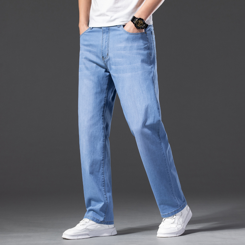 

Men's Straight Cut Jeans Summer Loose Pants Light Blue Straight Leg Pants Fit Male Vintage Large Size 44 Business Denim Trousers 210518