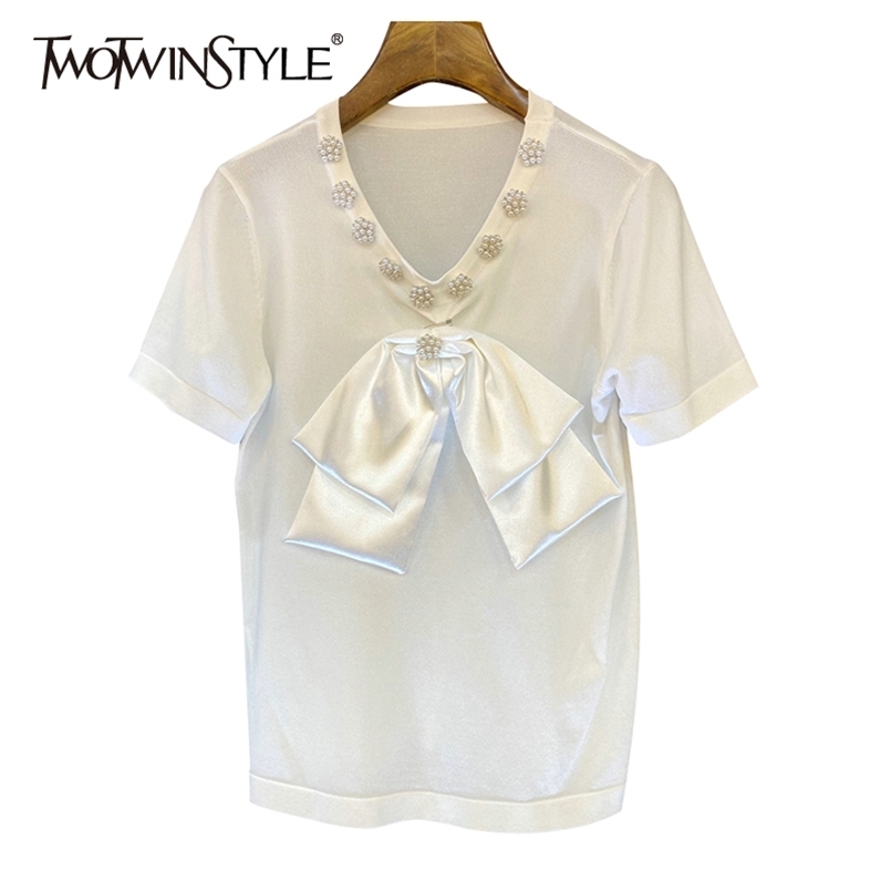 

TWOWINSYLE White Patchwork Bow Pearl Shirt For Women V Neck Short Sleeve Casual Korean Shirts Female Fashion Clothes 210524, Black