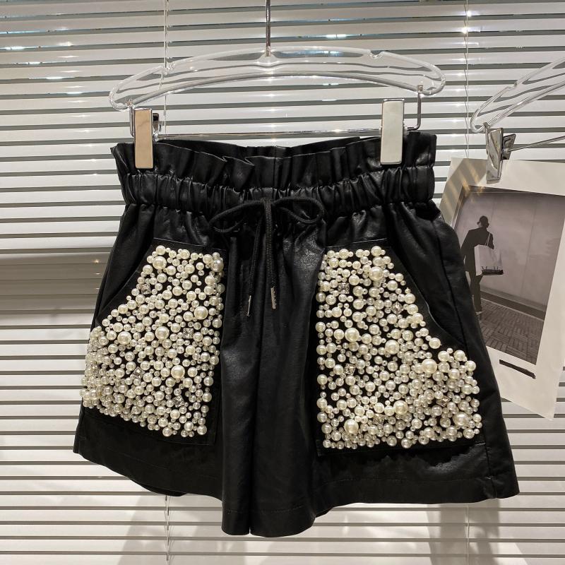 

Women' Shorts Chic Pearl Beaded Pocket Lace Elastic Waist Biker Pu Leather Female 2021 Autumn And Winter Black Women