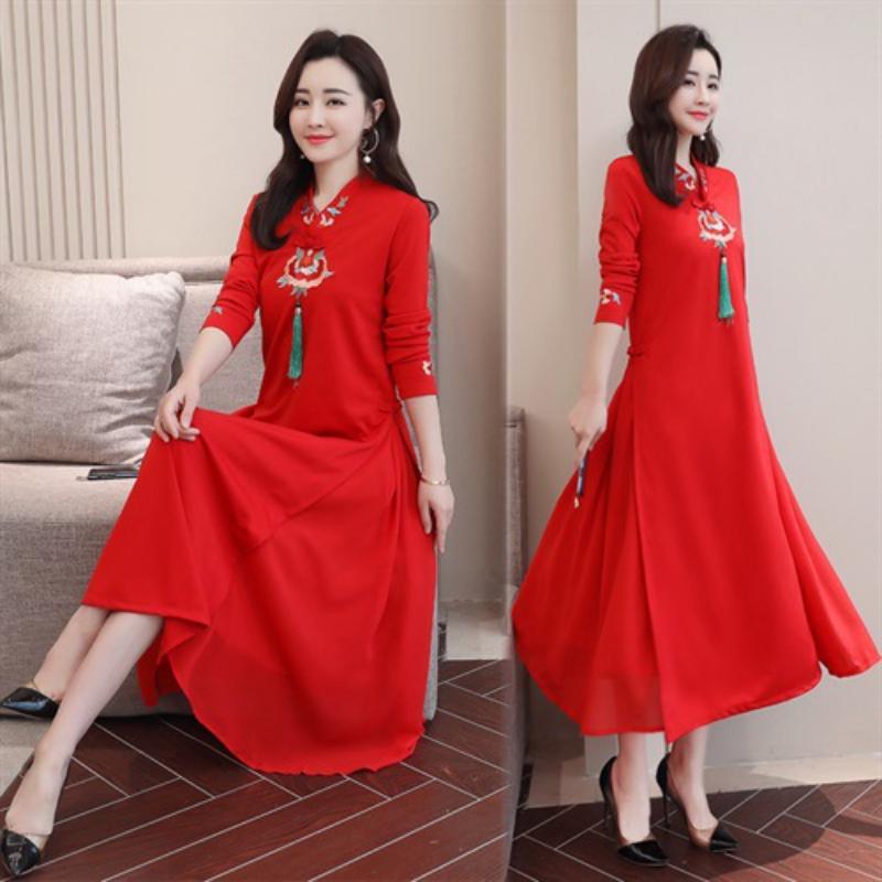 

Casual Dresses 2021 Spring Autumn Trendy Fashion Temperament Mid-length Stand-up Collar Mid-waist Dress Chinese Style Cheongsam Wedding Robe, Black;gray