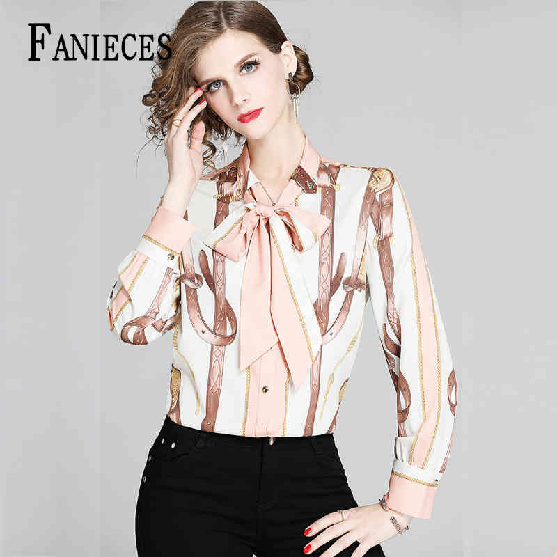 

Spring Summer Fall Runway Vintage Print Collar Long Sleeve OL bow Neck Women Party Casual Top Shirts Blouse dro 210520, Khaki