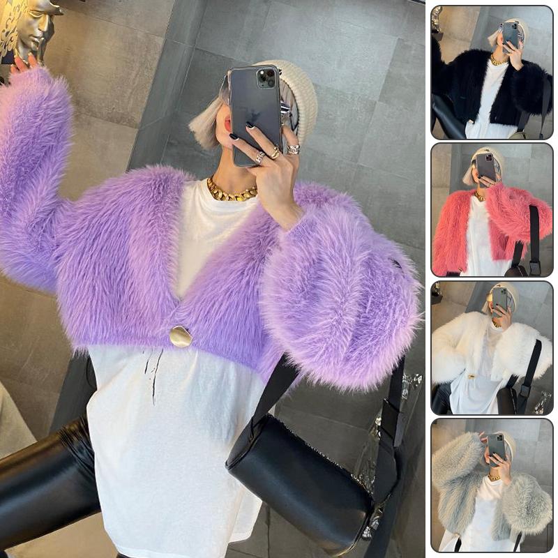 

Women's Fur & Faux Women Fluffy Short Sweater Cardigan Lady Furry Fake Jacket Long Plush Pullover Artificial Coats Outerweart, Black