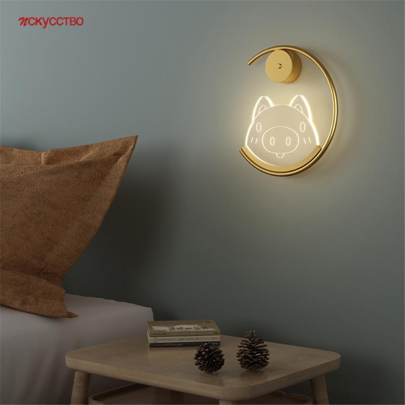 

Postmodern Cartoon Piggy Gold Ring Pvc Led Wall Lamp For Kids Bedroom Bedside Study Creative Indoor Remote Sconce Night Lights