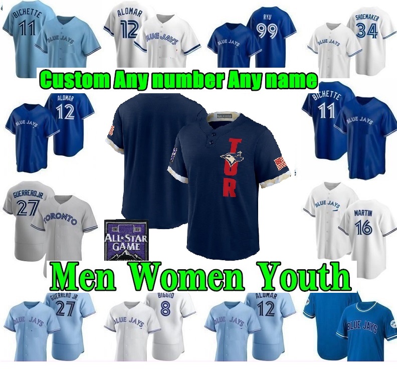 

2021 Custom Men Women Youth Toronto Jersey Blue Jays Vladimir Guerrero Jr. Cavan Biggio Hyun-Jin Ryu Yamaguchi Randal Grichuk Drury Hernandez George Springer, As shown in illustration