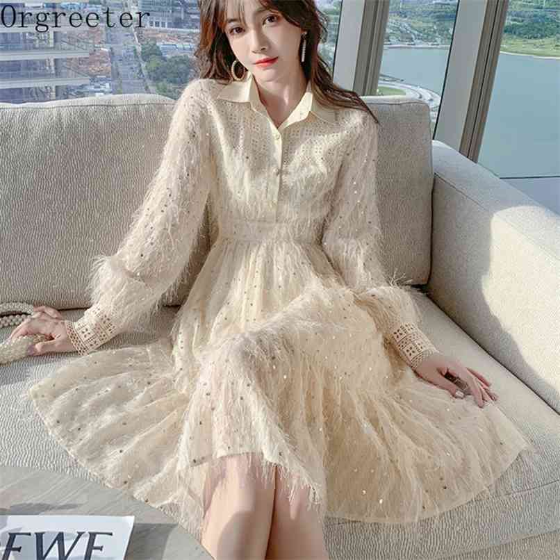 

Playful Girly Fringed Sequin Fairy Dress Spring Lapel Long Sleeve Pearl Button Lace Temperament Women Robes 210602, Beige