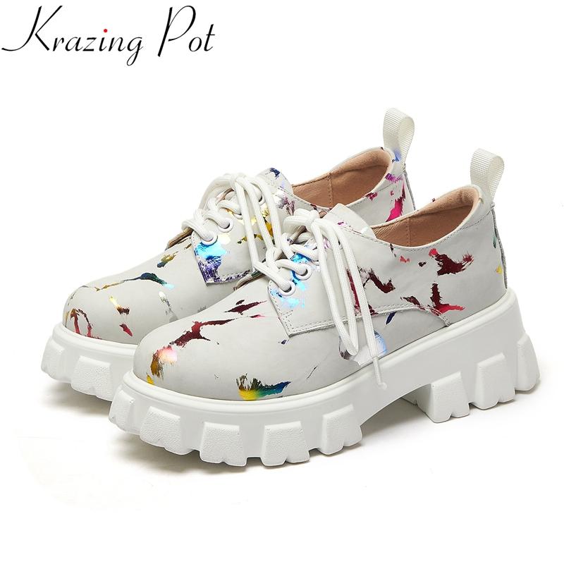 

Krazing Pot Comfortable Cow Leather Waterproof High Heels Round Toe Casual Shoes Spring Lace Up Camouflage Dress Women Pumps L85, Black