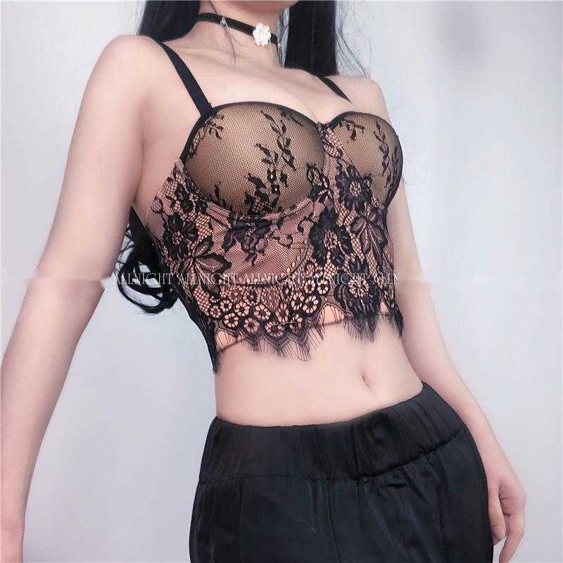 

WOMENGAGA Summer Tops Mesh Lace Hook Flower Hollow Sexy Korean Women Gothic Ruffles Corset Crop Y2k Girl Female YT79 210603, Apricot