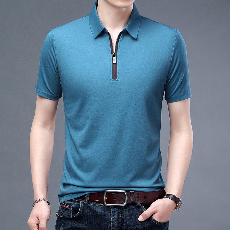 

Men's T-Shirts Male T Shirt 2021 Summer Slim Plain Color Fashion Brands Design Zip Up Collar Short Sleeve Clothing, Navy