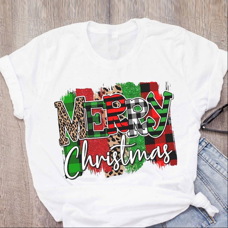 

Womens T Shirts Women Graphic Plaid Leopard Printing Holiday Year Merry Christmas Printed Tops Lady Tees Clothing Female Shirt, White