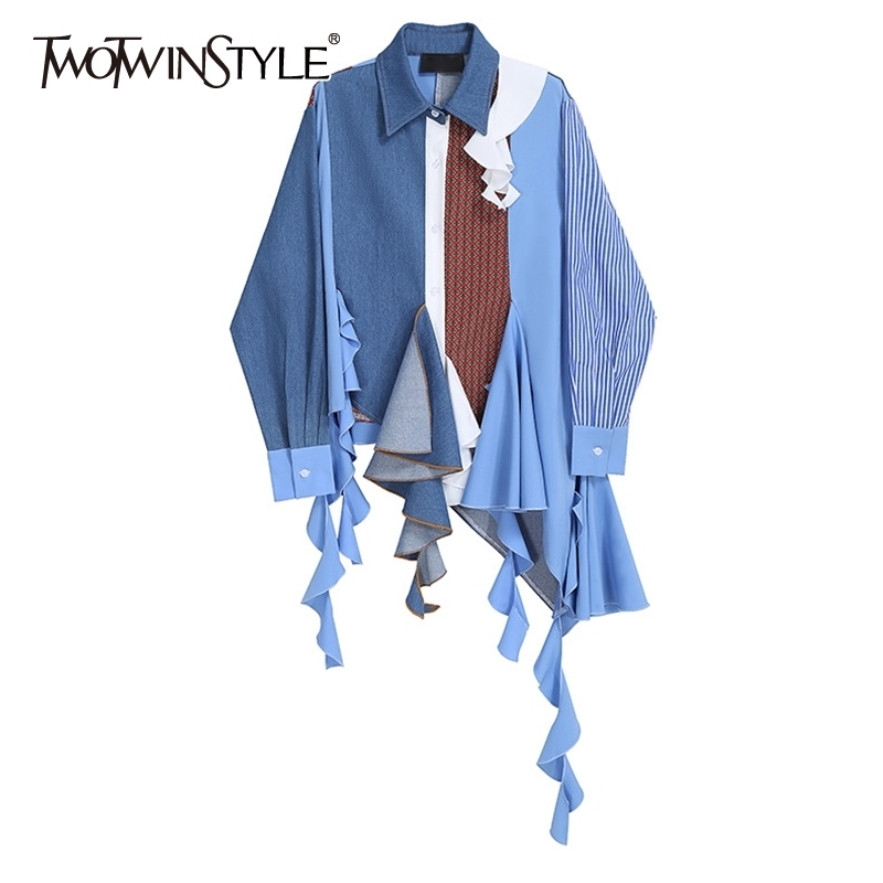 

Patchwork Striped Vintage Print Shirt For Women Lapel Collar Ruched Tassel Korean Spring Shirts Emale Fashion 210524, Blue