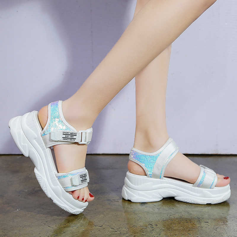

Rimocy silver glitter high platform sandals women thick bottom comfortable hook loop summer shoes woman casual sandalias mujer Y0721, Black