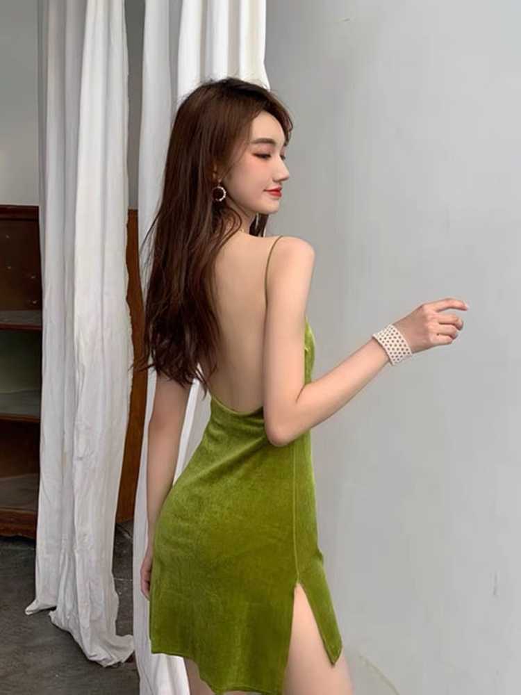 

y2k sexy backless dress bodycon slit mini off-shoulder sleeveless velvet evening 210604, Orange