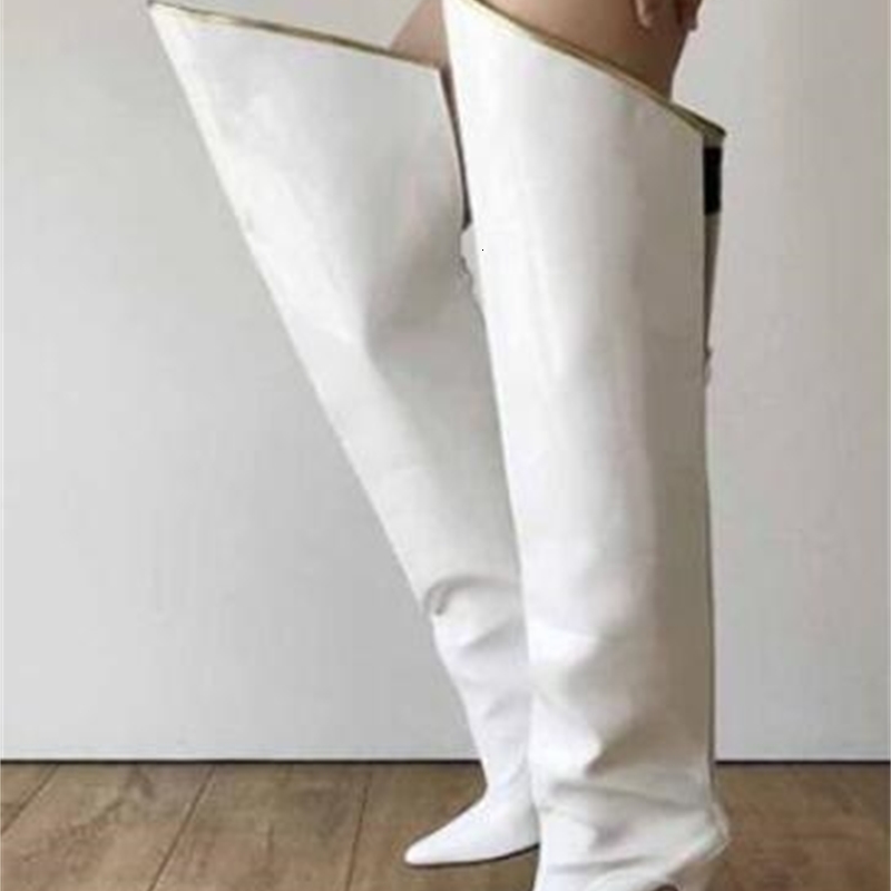 

boots winter white-leather woman pointed big, loose toe gold link on knee boots lady 1g3b, Black