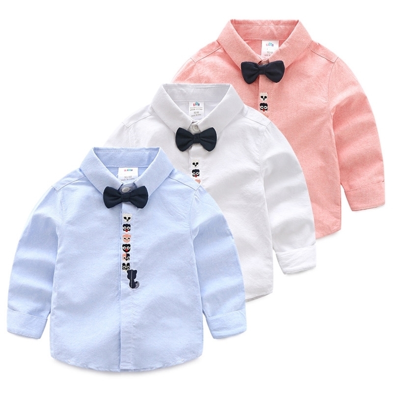

Spring Autumn 2 3 4 6 8 10 Years Children White Cotton Long Sleeve Turn-Down Collar Bow Handsome Shirts For Kids Baby Boys 210701, Blue