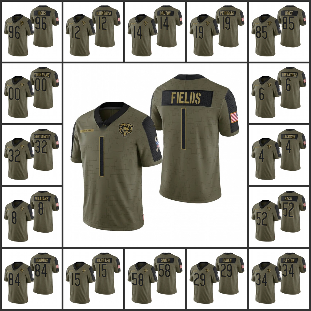 

Chicago''Bears''Men #52 Khalil Mack 32 David Montgomery 1 Justin Fields 34 Walter Payton Women Youth Custom Olive Limite, Black;red