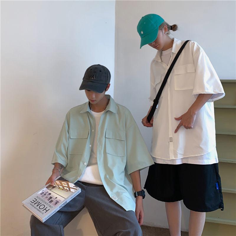 

Men's Casual Shirts Summer Short-sleeved Shirt Fashion Light Green Black White Men Korean Loose Pocket Mens Dress, White;black